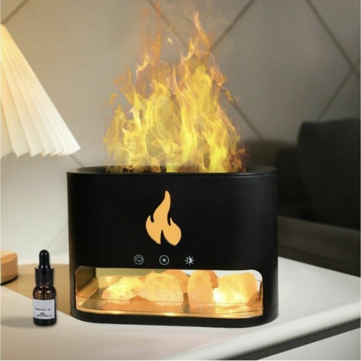 фото Увлажнитель воздуха с гималайской солью, ароматный диффузор и светодиодный ночник, создающий эффект пламени. черный.