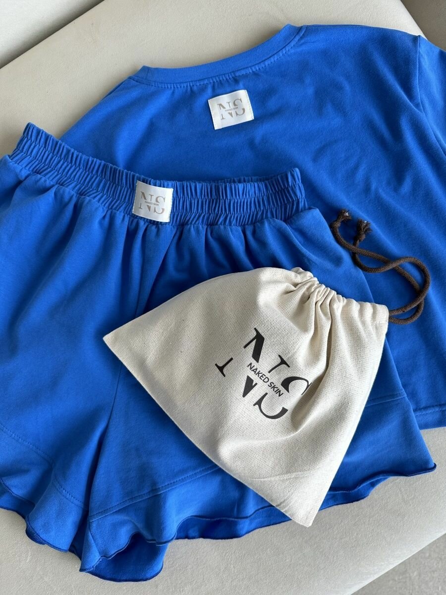 Женская пижама с шортами и футболкой из хлопка размер xs-s синяя - фотография № 2
