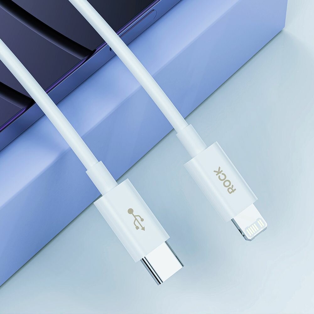 Кабель ROCK Xiaomi с быстрой зарядкой, 27W, 3A, USB-C to Lightning Fast Charge Data Cable для iPod, iPhone, iPad, 100 см. Белый