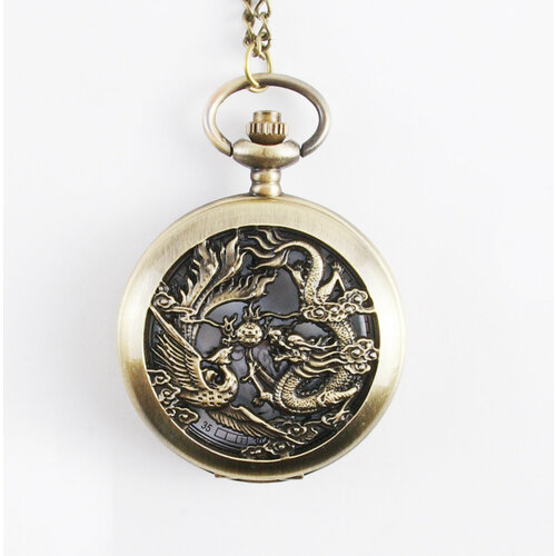 Кварцевые часы "Дракон и Феникс - символы любви и удачи" на цепочке. Металл, кварцевый часовой механизм.