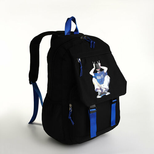 фото Рюкзак школьный из текстиля на молнии, 5 карманов, цвет чёрный/синий нет бренда