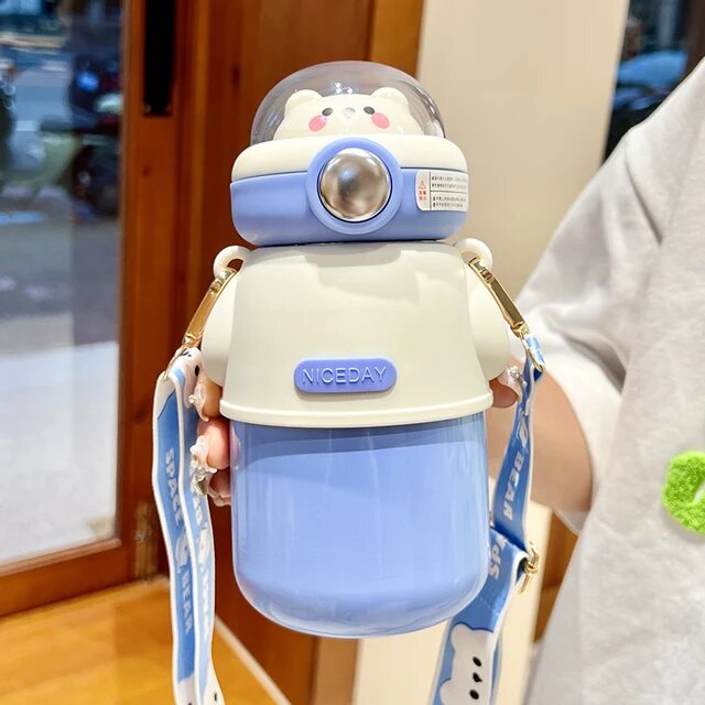 "Мишка космонавт" бутылка для воды из нержавеющей стали, для детей, термобутылка, 490 мл, голубой
