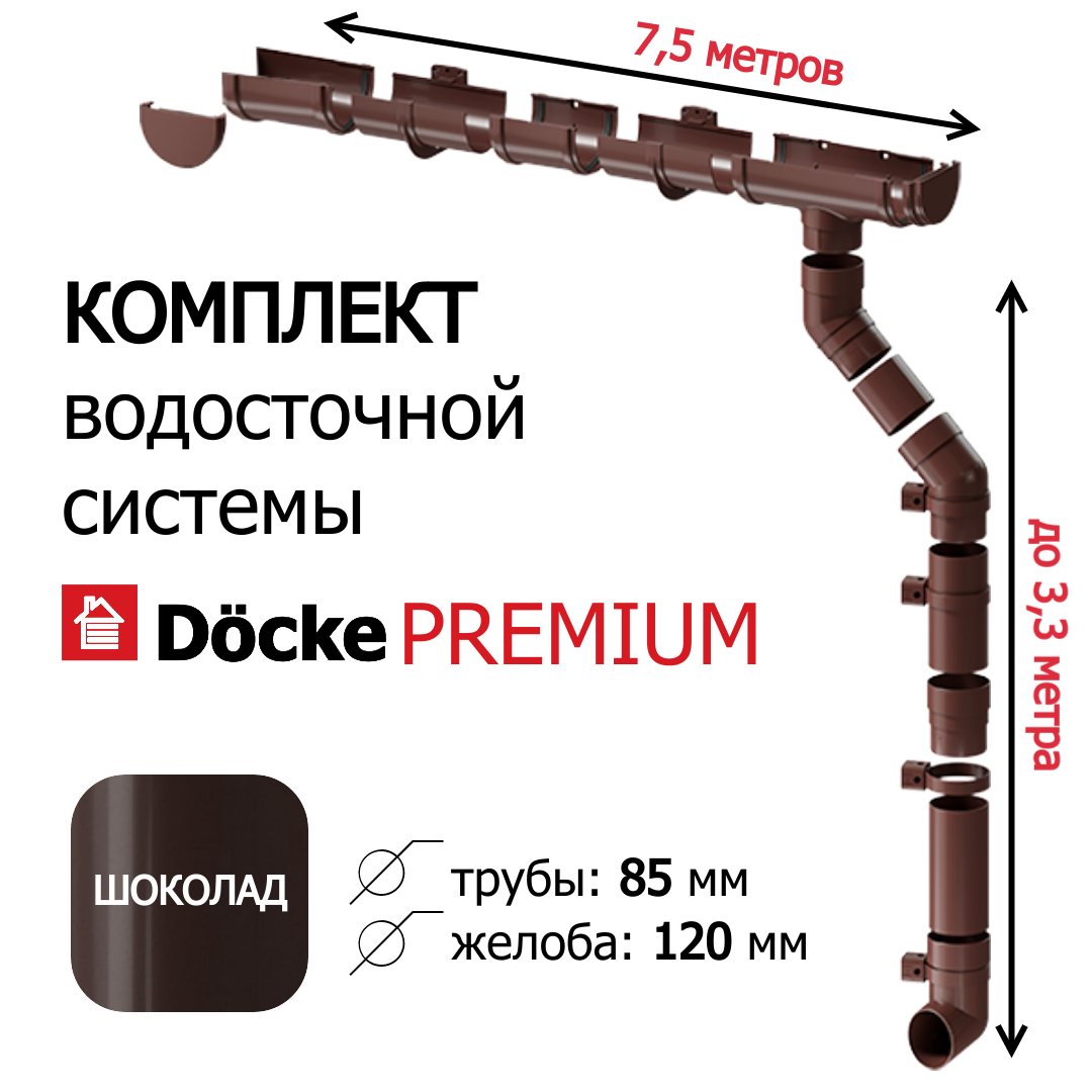 Водосточная система Docke Premium 75м/3м RAL 8019 цвет шоколад комплект.