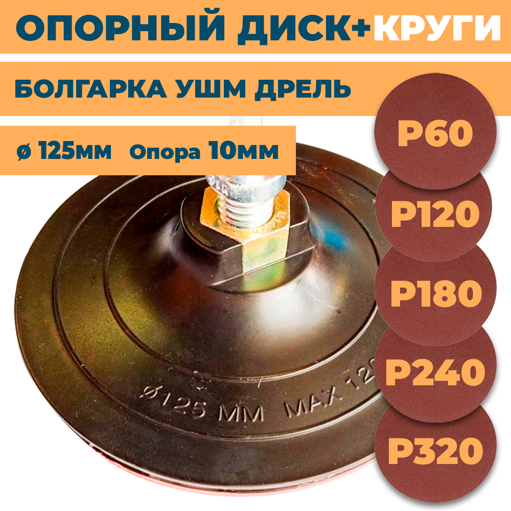 Опорная тарелка 125мм для болгарки ушм дрели на липучке TSUNAMI толщина 10мм с набором кругов Р60, Р120, Р180, Р240, Р320