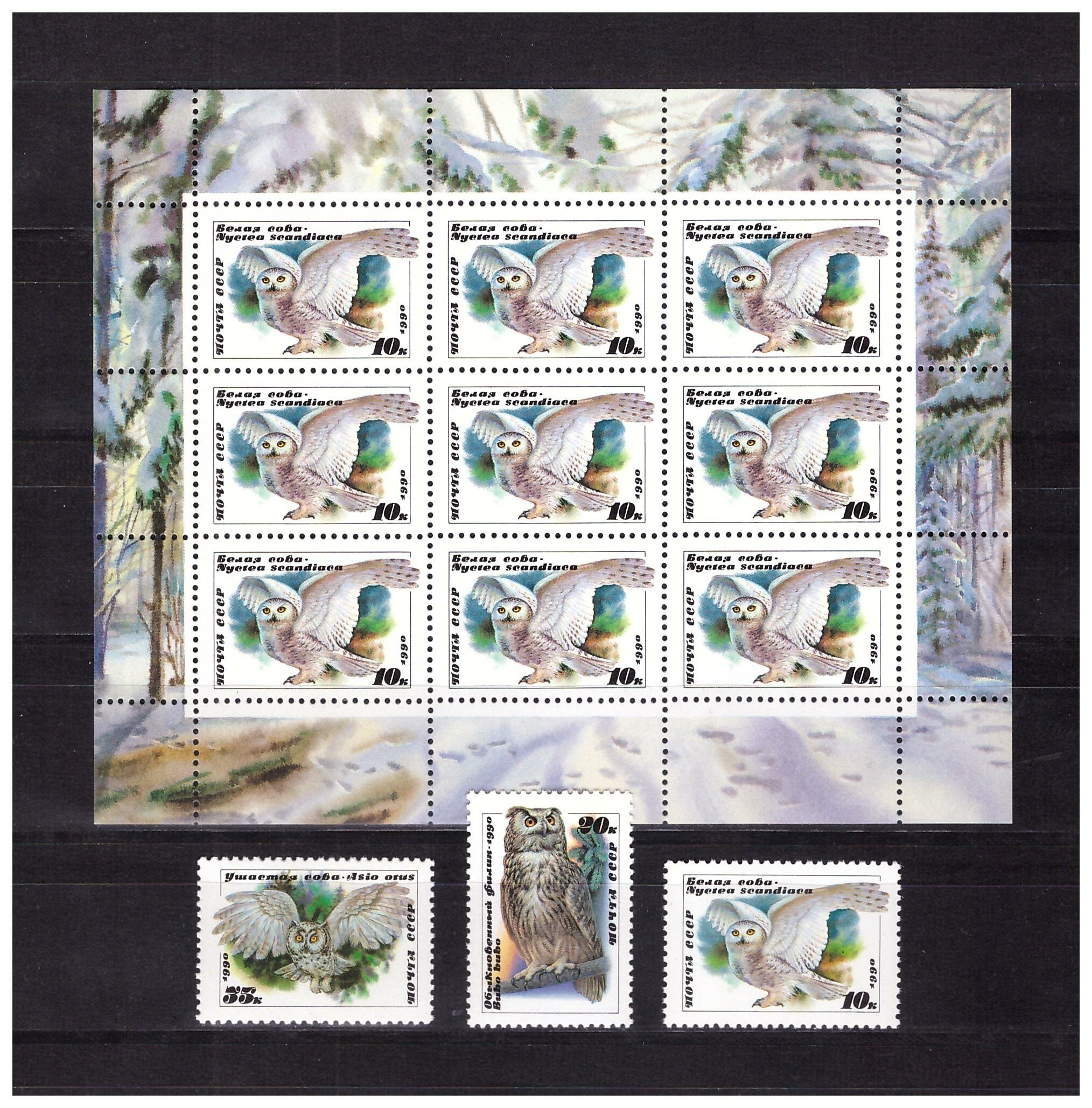 Почтовые марки СССР 1990 г. Фауна. Птицы. Совы. Серия из 3 марок и малый лист. MNH(**)