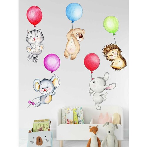 Интерьерные наклейки на стену для декора и интерьера дома/ stiker / зверюшки на шариках