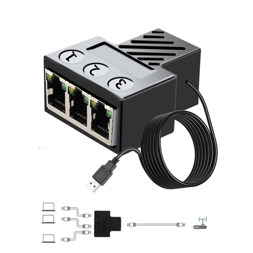 фото Разветвитель-сплиттер витой пары rj45, cat 5/6/7, адаптер с 1 на 3 с питанием от usb, lan, ethernet mrm