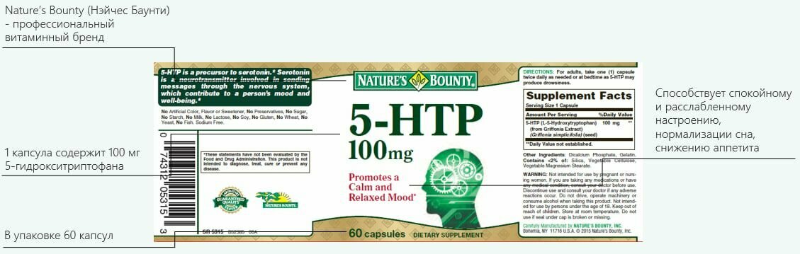 Бад Для Нервной Системы БАД Nature's Bounty "5-гидрокситриптофан", капсулы, для сна и нервной системы, 100мг, 60шт