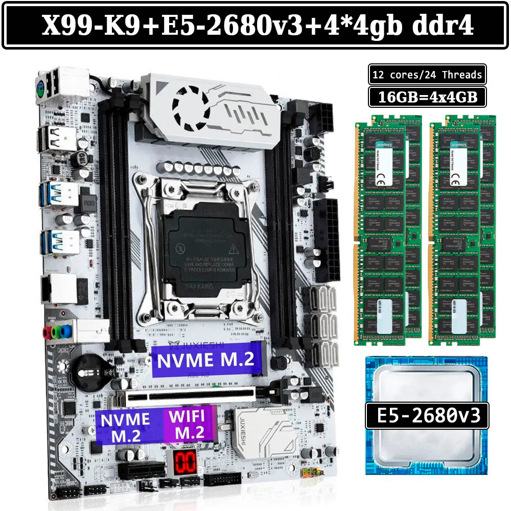 Комплект материнская плата Juxieshi X99-K9 + Xeon 2680V3 + 16GB DDR4 4x4gb