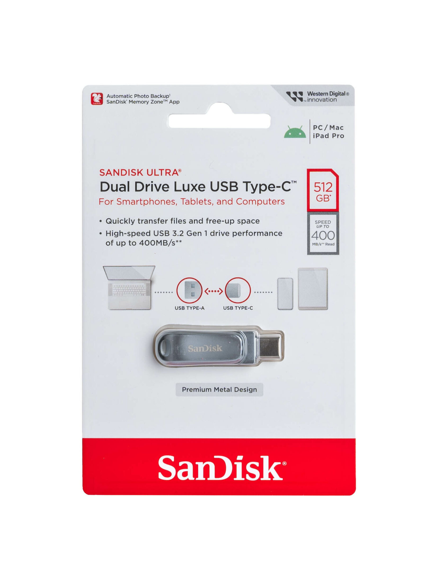 Флеш-накопитель (флэшка) SanDisk 512 ГБ USB 3.2 Ultra Dual Drive Luxe 400 Мб/с Type C/Type A
