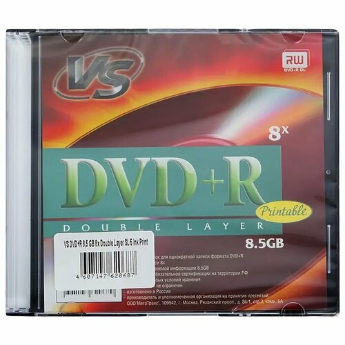 Диск DVD+R VS 8,5 GB, 8x Double Layer, Slim Case (1), Ink Printable (1/200)