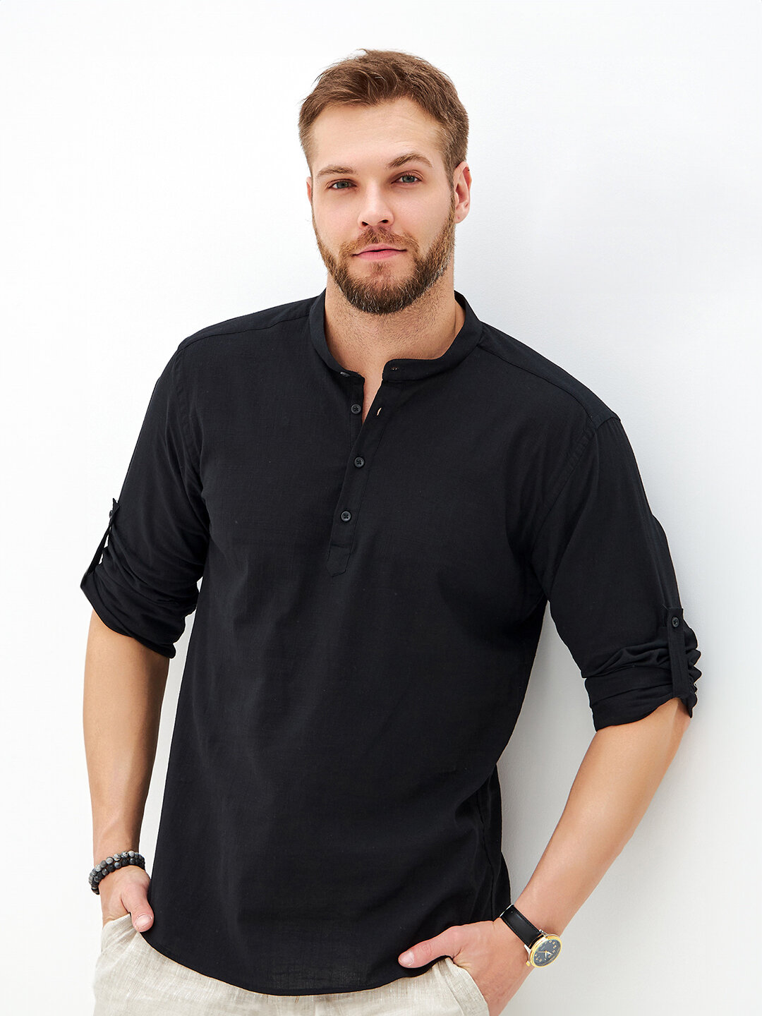 фото Мужская рубашка льняная HappyFox HFCL1007 бежевый 48