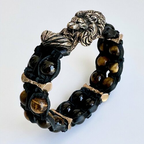 Славянский оберег, жесткий браслет Josstone, тигровый глаз, гранат, кожа, 1 шт., размер 19 см, золотистый, черный