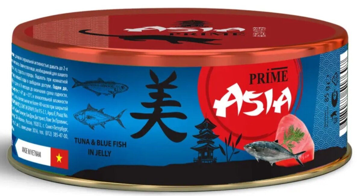 Корм консервированный для взрослых кошек Prime Asia, тунец с голубой рыбой в желе, 85 гр