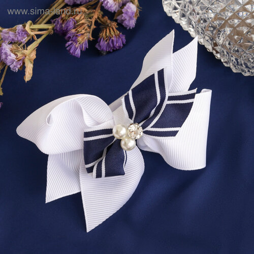 Резинка для волос Школьница двойной бант синий бусинки 10 см бело-синий 6шт 529₽