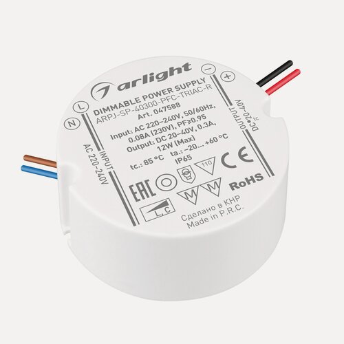 Изображение товара Блок питания ARPJ-SP-40300-PFC-TRIAC-R (12W, 20-40V, 300mA) (Arlight, IP65 Пластик, 5 лет) 047588