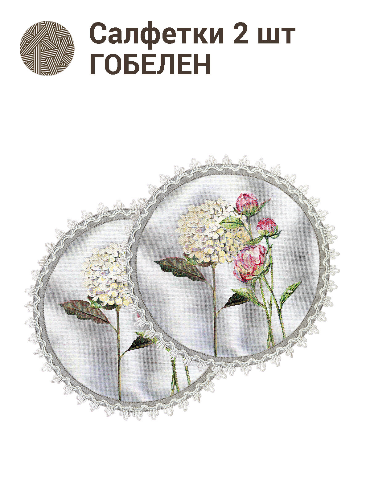 фото Комплект салфеток Le Gobelin Розы и гортензии Серый 2шт диаметр 24 см