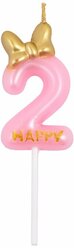 Свеча-цифра "2" Розовая с Бантиком, 6 см