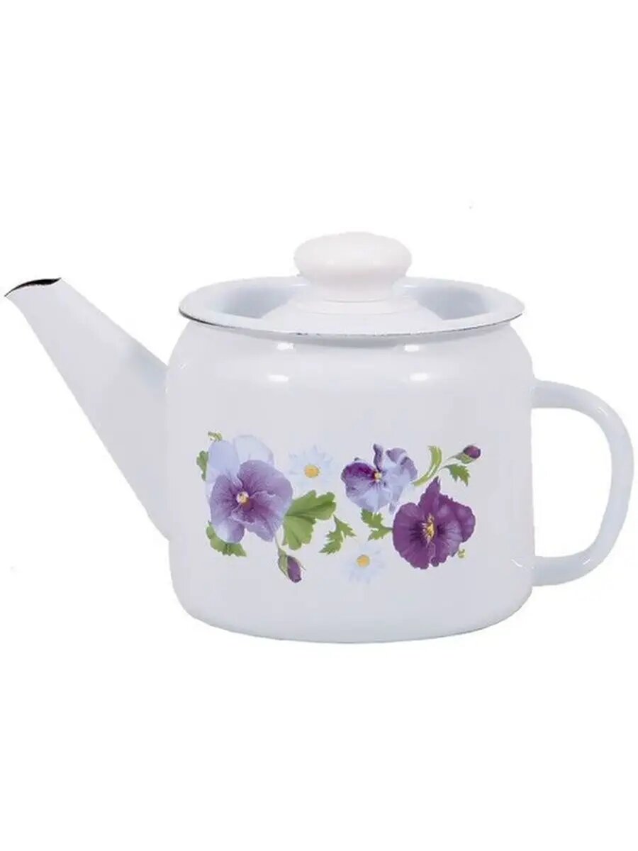 фото "Анютины глазки" Чайник эмалированный 1л, д12см, h10,2см, металлическая крышка с пластмассовой ручкой-кнопкой, металлическая фиксированная ручка (Россия)