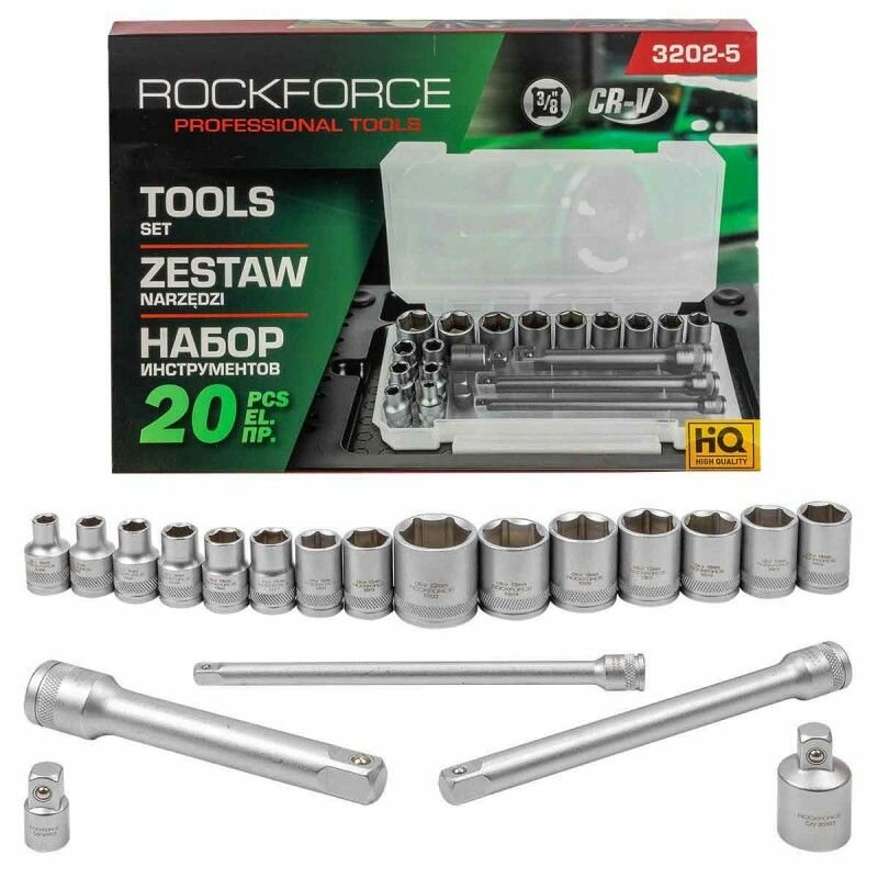 Набор инструментов RockForce 3/8' 20 предметов 6-ти гранный (6-22мм) в пластиковом кейсе