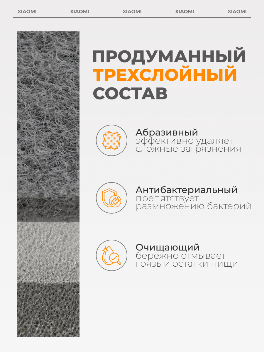 Изображение Губки для посуды и уборки "Xiaomi", набор 5 шт, натуральный материал, серый