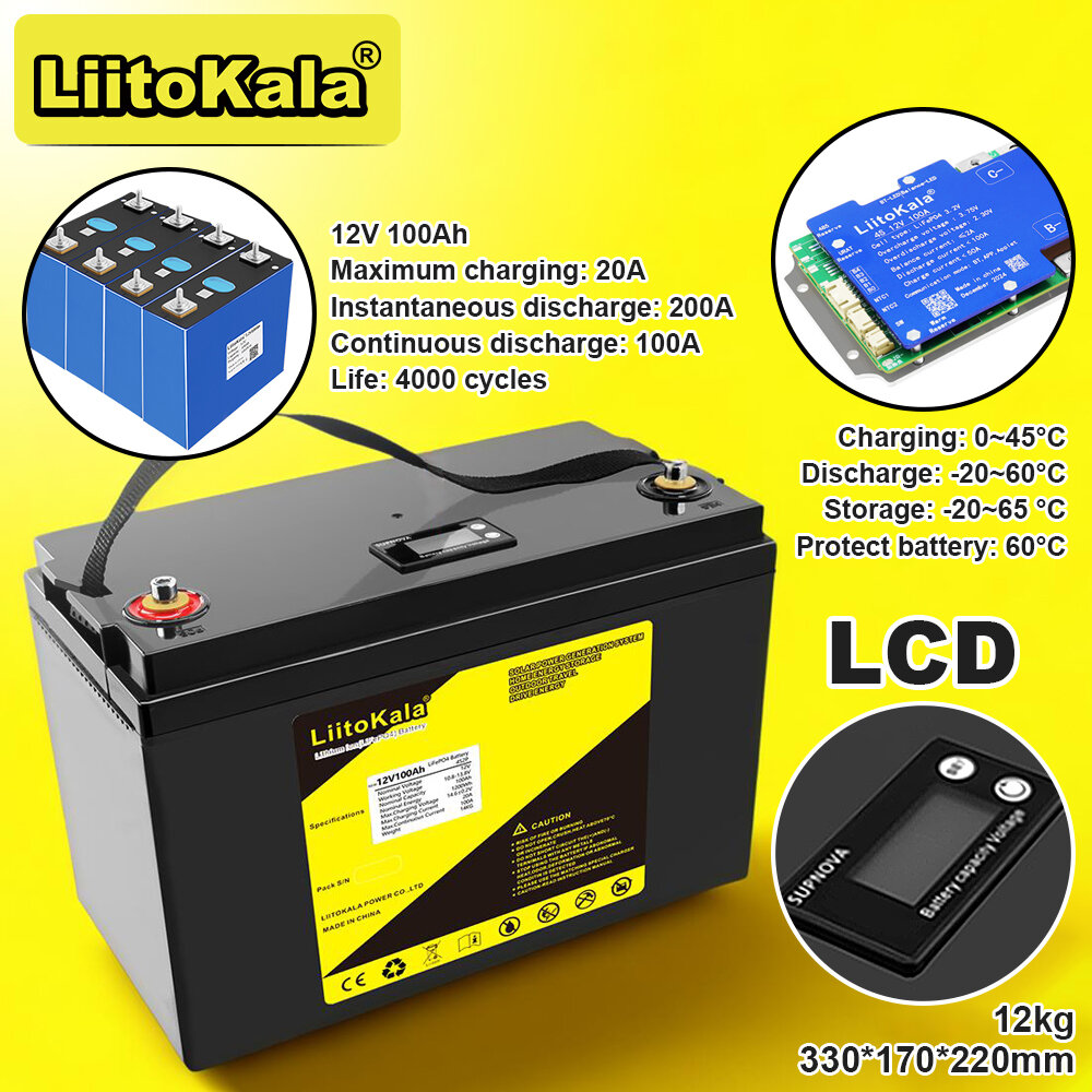 LiitoKala LiFePO4 12V 100Ah LCD I 12.8V, 4000 цикл питания аккумулятор для RV кемперов, гольф-карт, внедорожников, автономный солнечный ветер, автономный солнечный ветер