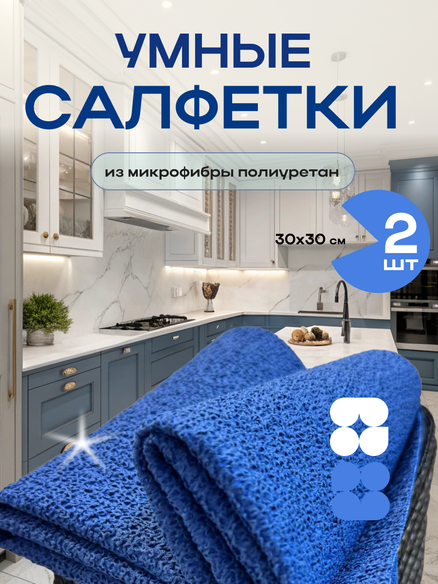 Салфетки для уборки ПУ, антистатические, 30x30см, синие, комплект 2шт