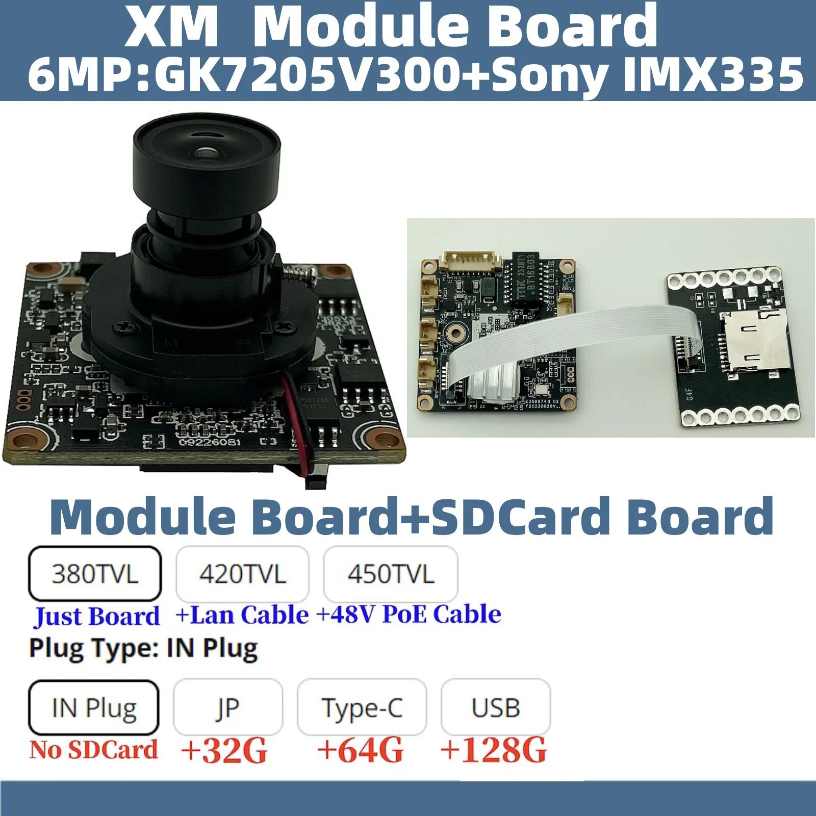 Wi-Fi SDCard Optinal GK7205V300 + IMX335 6MP 3072*2048 XM плата модуля IP-камеры M12 объектив IRC Onvif ICsee XMEYE распознавание лица P2P, В разъем, add SD Board, 380TVL, Нет Объектив
