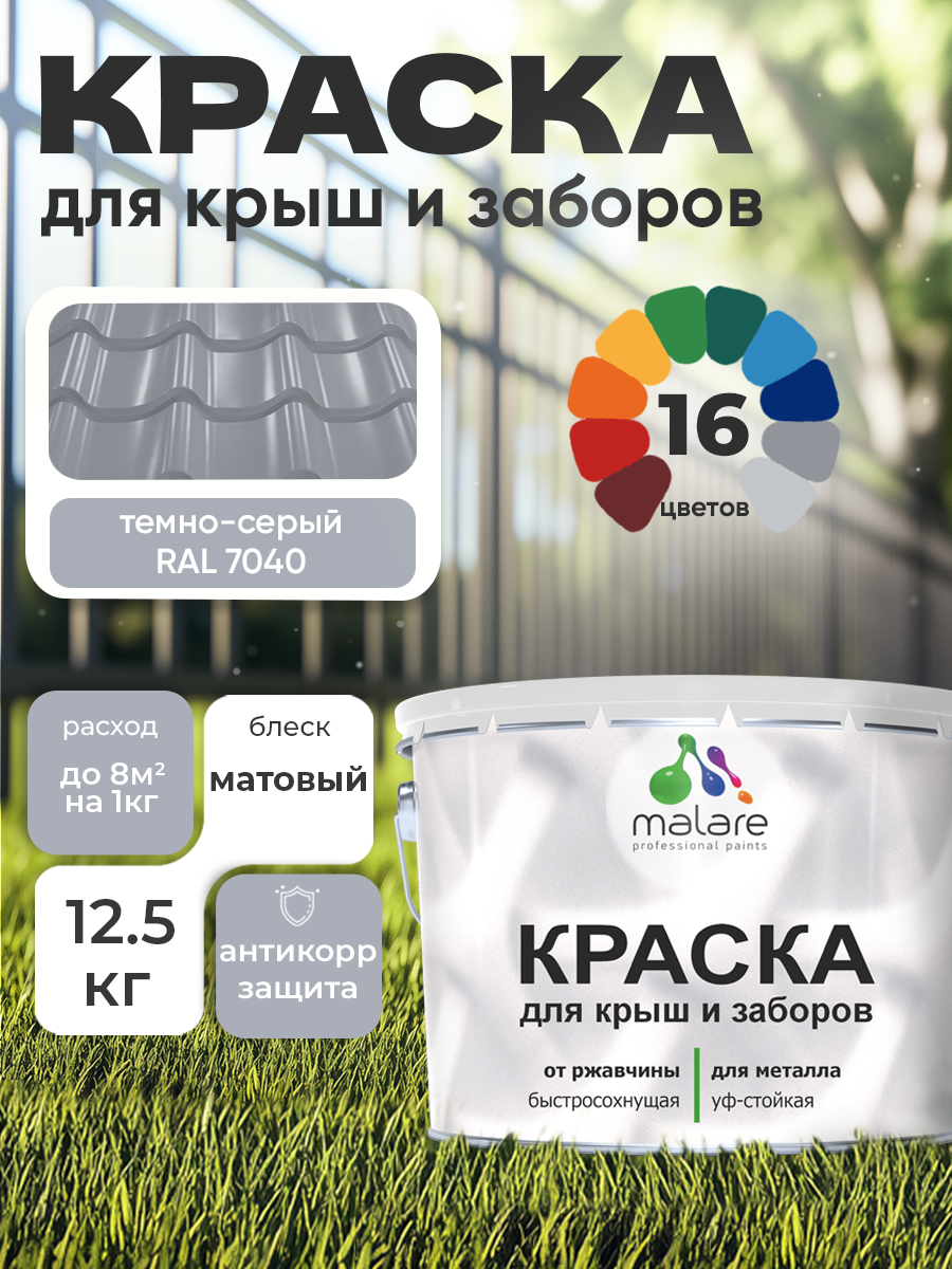 Краска Malare для металлического забора, для крыши из металла, для металлочерепицы, антикоррозионная, матовый, темно-серый, 12,5 кг.