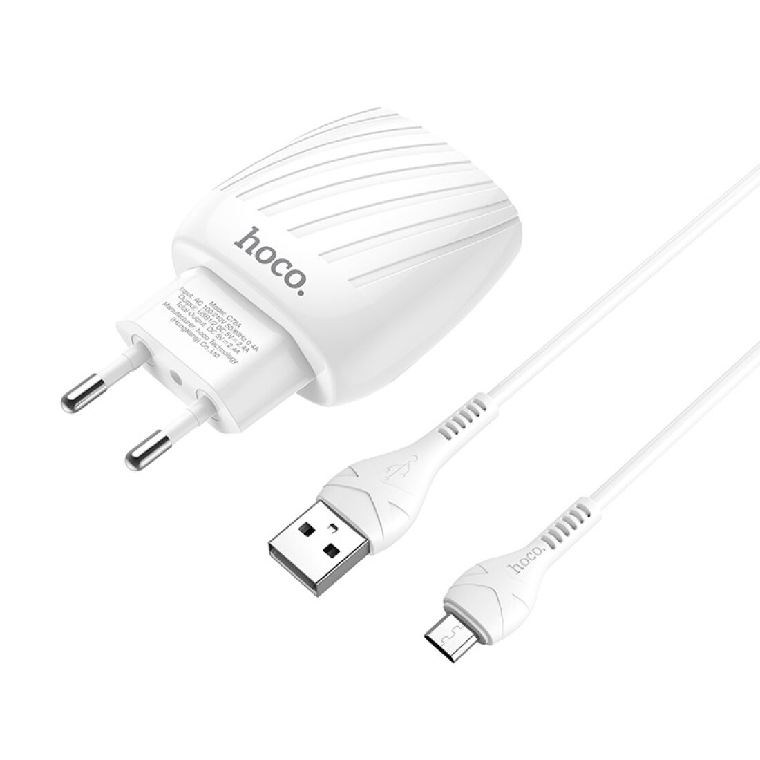 Сетевое зарядное устройство, 2 USB 2.4A (C78A), HOCO, Micro, белый