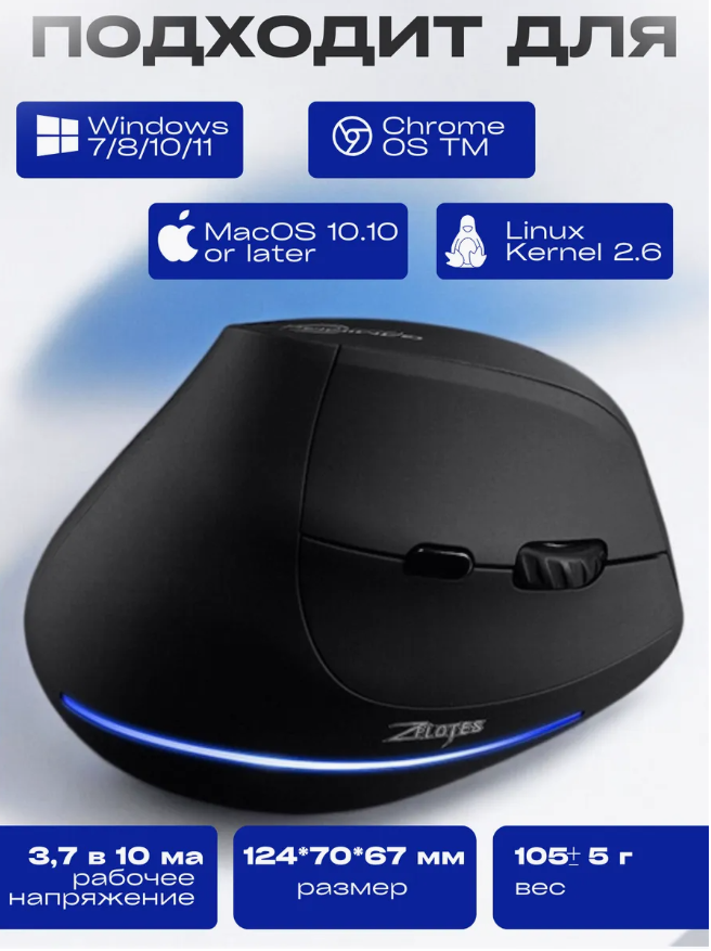 Вертикальная беспроводная мышь Mouse ZeIotes black, 6 кнопок, черная — фото 1