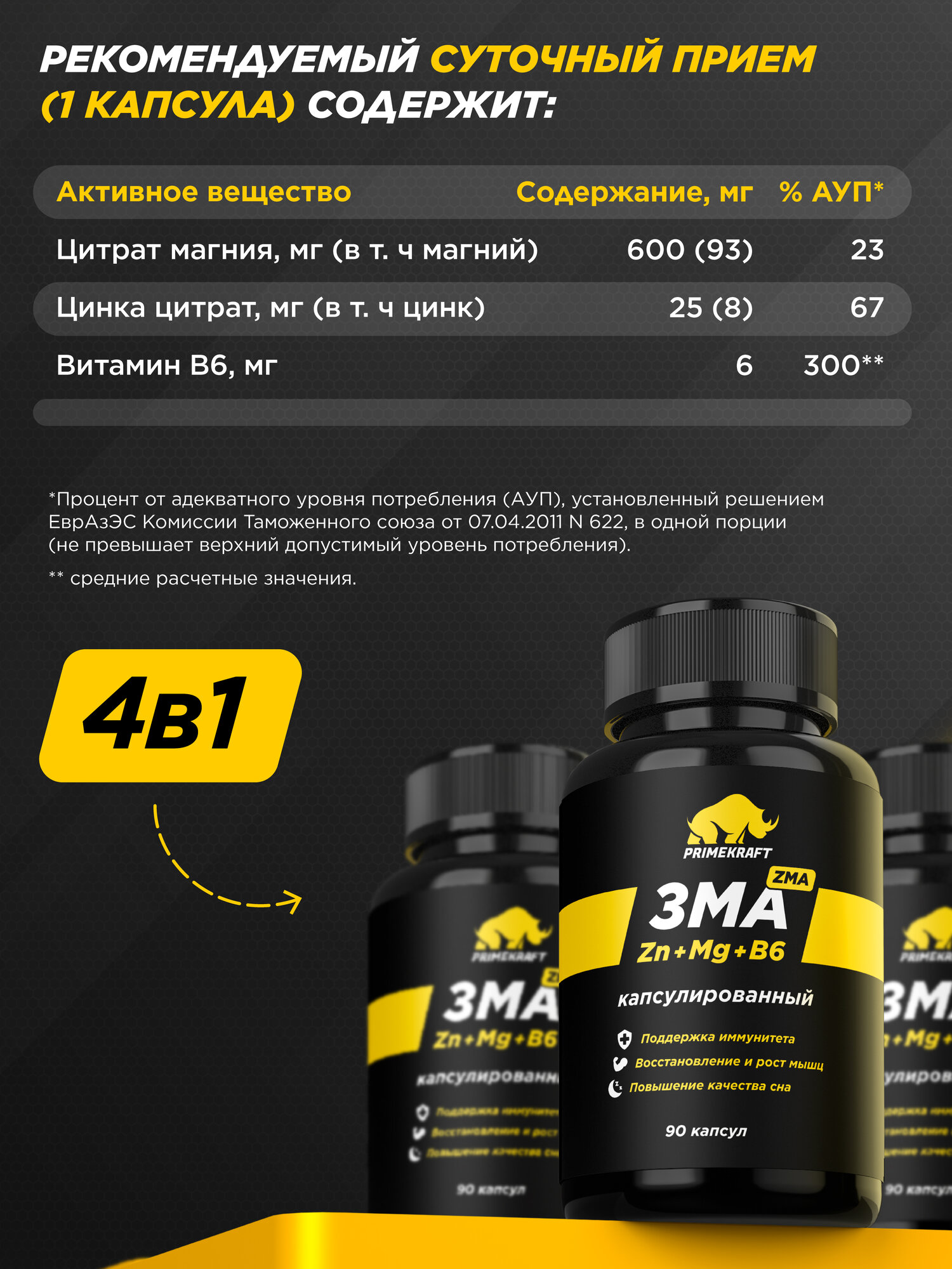 Витаминный комплекс PRIMEKRAFT "ZMA", для повышения уровня тестостерона и укрепления нервной системы — фото 1