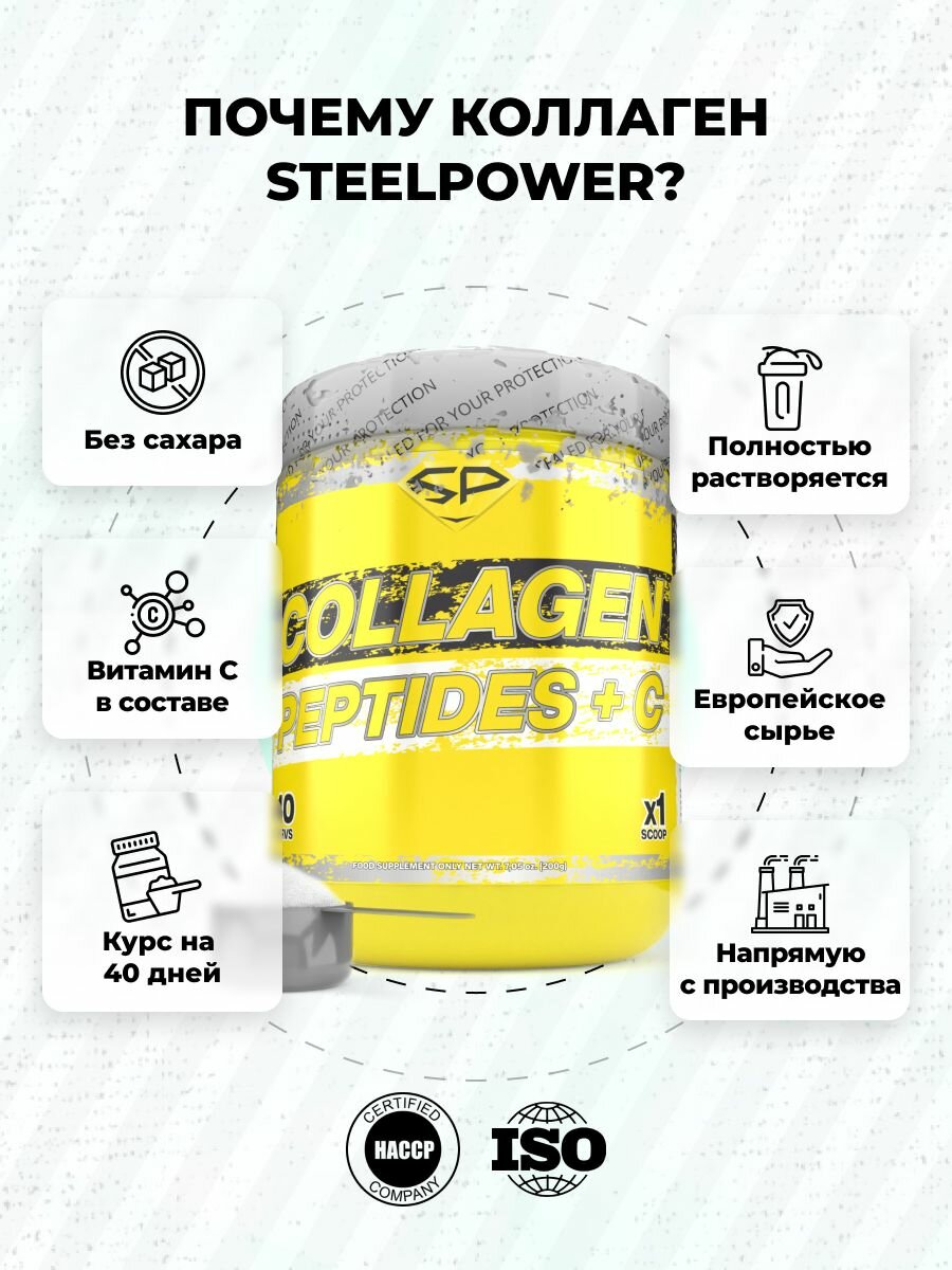 Коллагены Для Суставов STEELPOWER Гидролизованный коллаген, COLLAGEN PEPTIDES+C, 200 гр, Натуральный