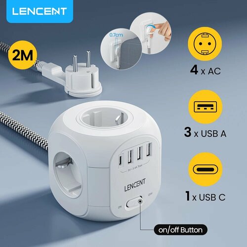 Датчик SL-805E-F удлинитель с розетками и USB портами, 4AC 3U1C 3M Flat, Вилка европейского стандарта