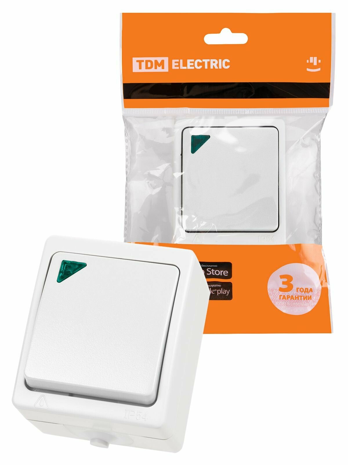 фото Выключатель одноклавишный с подсветкой открытой установки, IP54, 10А, белый, Вуокса, TDM