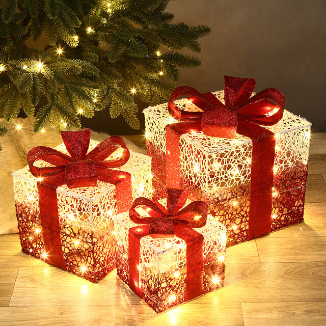 Kaemingk Светящиеся подарки под елку Elven Gift 15-30 см, 3 шт, 40 теплых белых LED ламп, на батарейках, IP20 9486689