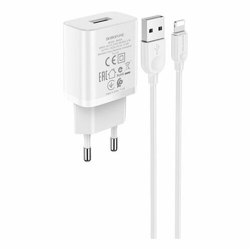 Сетевое зарядное устройство (СЗУ) Borofone BA52A (USB) + кабель Lightning, 2.1 А, белый сзу 3usb ldnio a3305 touch led lamp usb кабель lightning output5v 3 4a