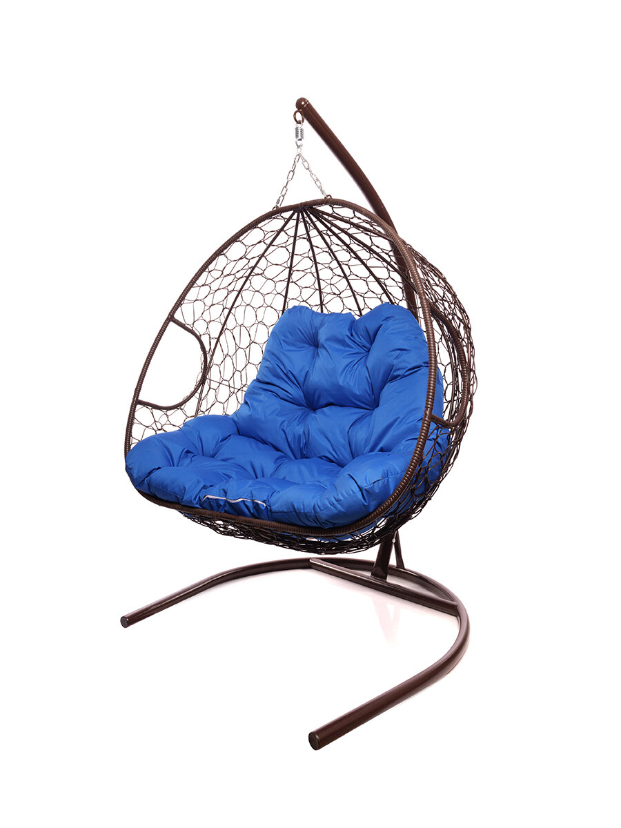 Подвесное кресло из ротанга "Для двоих" коричневое с синей подушкой M-GROUP