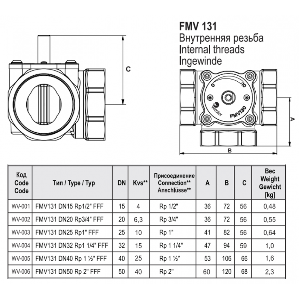 Клапан поворотный трехходовойесительный Wester FMV 131E Ду 32 1 1/4" ВР Kvs 15 (VRG131 Esbe 11601200) First WV-004 0-04-0016