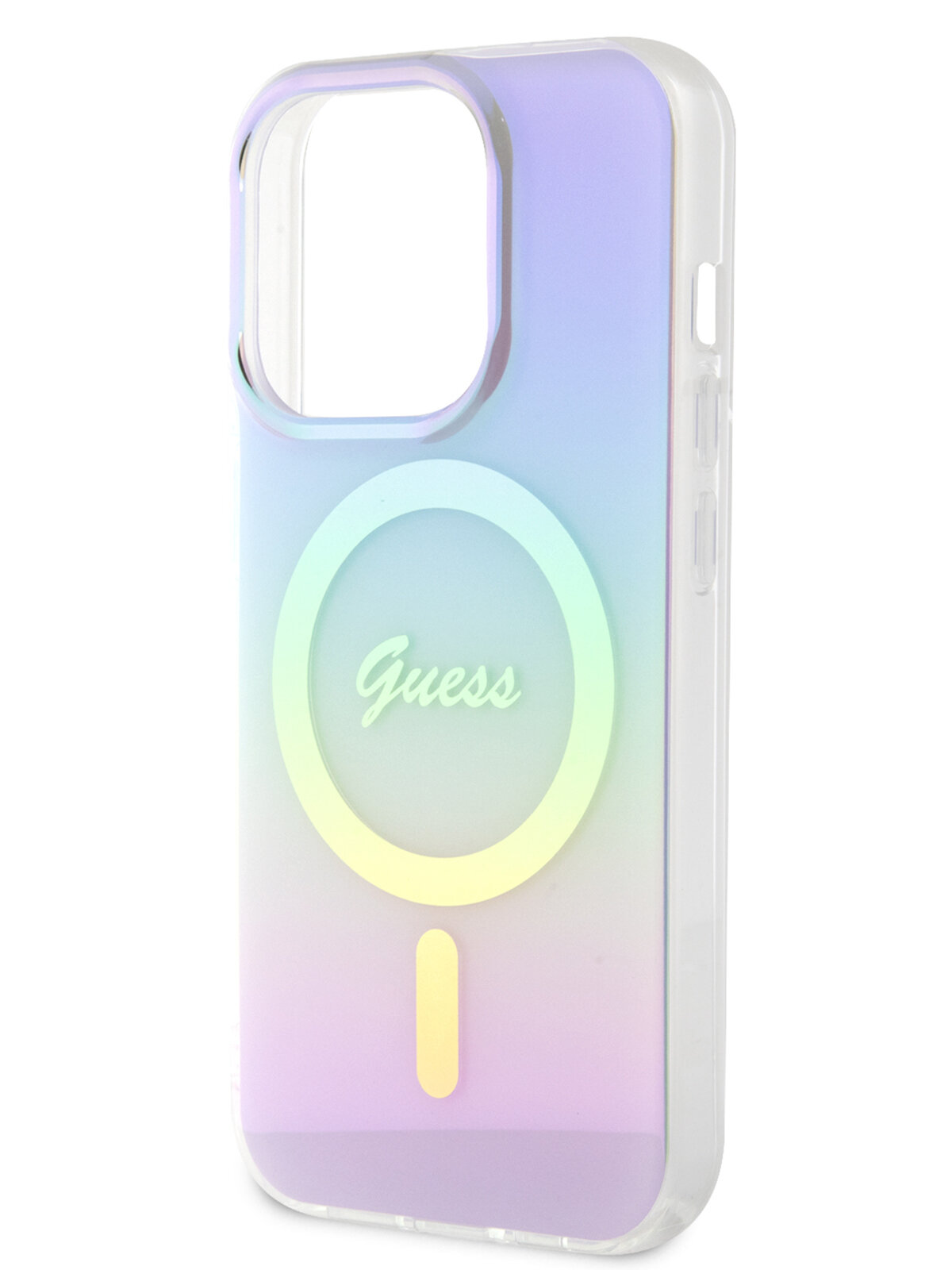 Guess для iPhone 15 Pro чехол PC/TPU Script printed logo Hard Iridescent Purple (MagSafe)