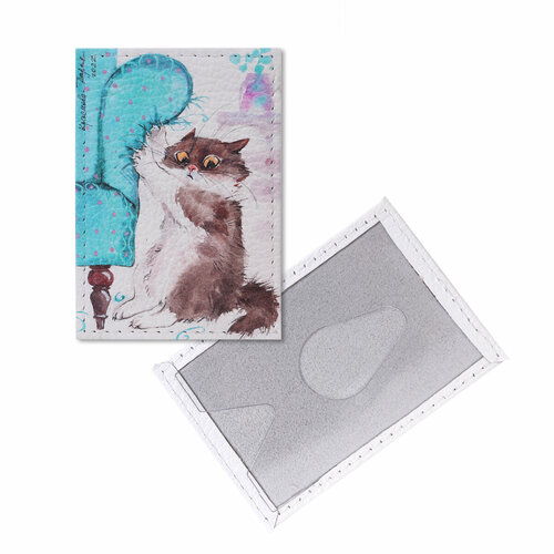 Обложка для проездного билета Eshemoda Обложка для одной карточки с принтом Eshemoda с котиком “Новое кресло”, натуральная кожа 002562000, синий, зеленый
