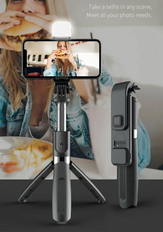 Монопод-штатив с пультом и светом, Selfie Stick Tripod Black (19-104см) Q03s Для телефона, Gopro, insta360