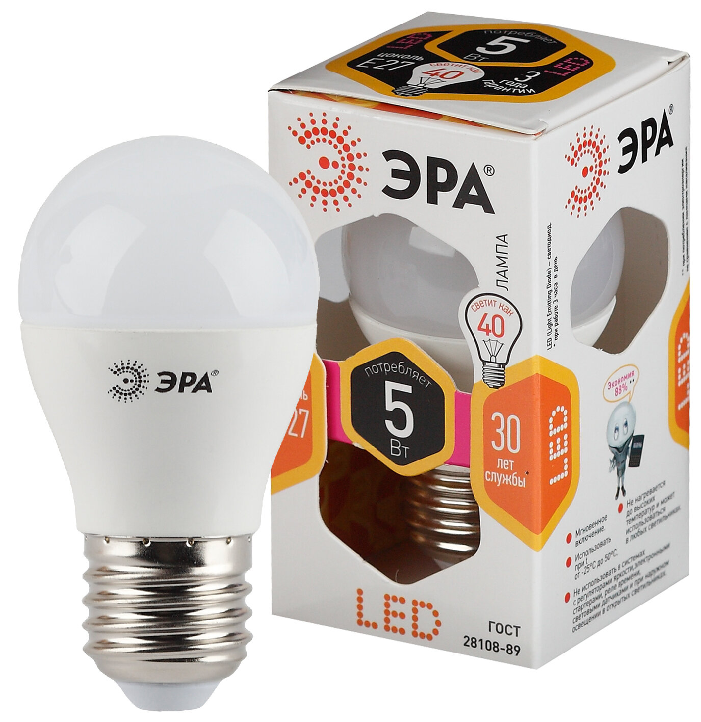 Светодиодные лампы Эра Лампа светодиодная P45-5w-827-E27 шар 400лм ЭРА Б0028486 (упаковка 5 шт)