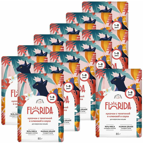 Корм влажный Florida кусочки телятина и клюква в соусе для взрослых кошек (12шт x 85 г)