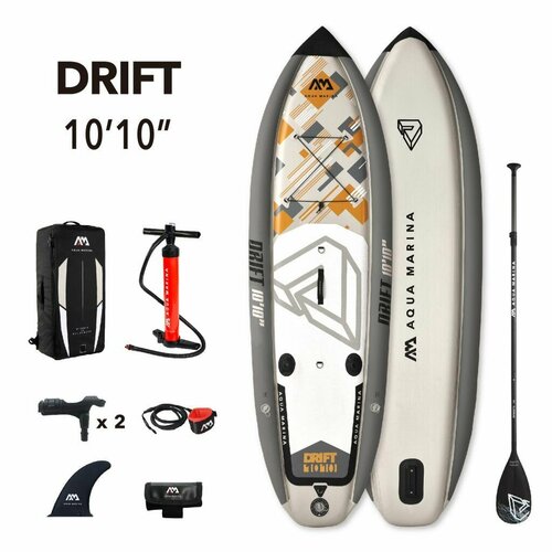 SUP доска надувная для рыбалки Aqua Marina Drift 10'10 (330 х 97 х 15 см) серого цвета комплектация: весло насос сумка плавник лиш держатель весла и удочки грузоподъемность 130 кг(BT-20DRP)