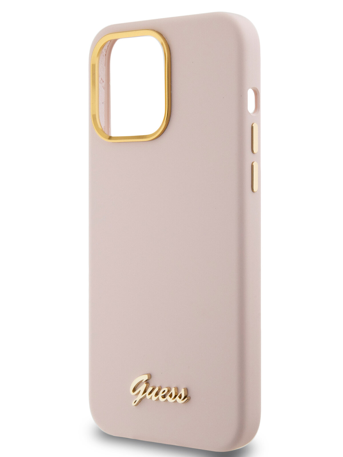 Guess для iPhone 15 Pro чехол Liquid silicone Gold metal logo & Camera frame Hard Pink