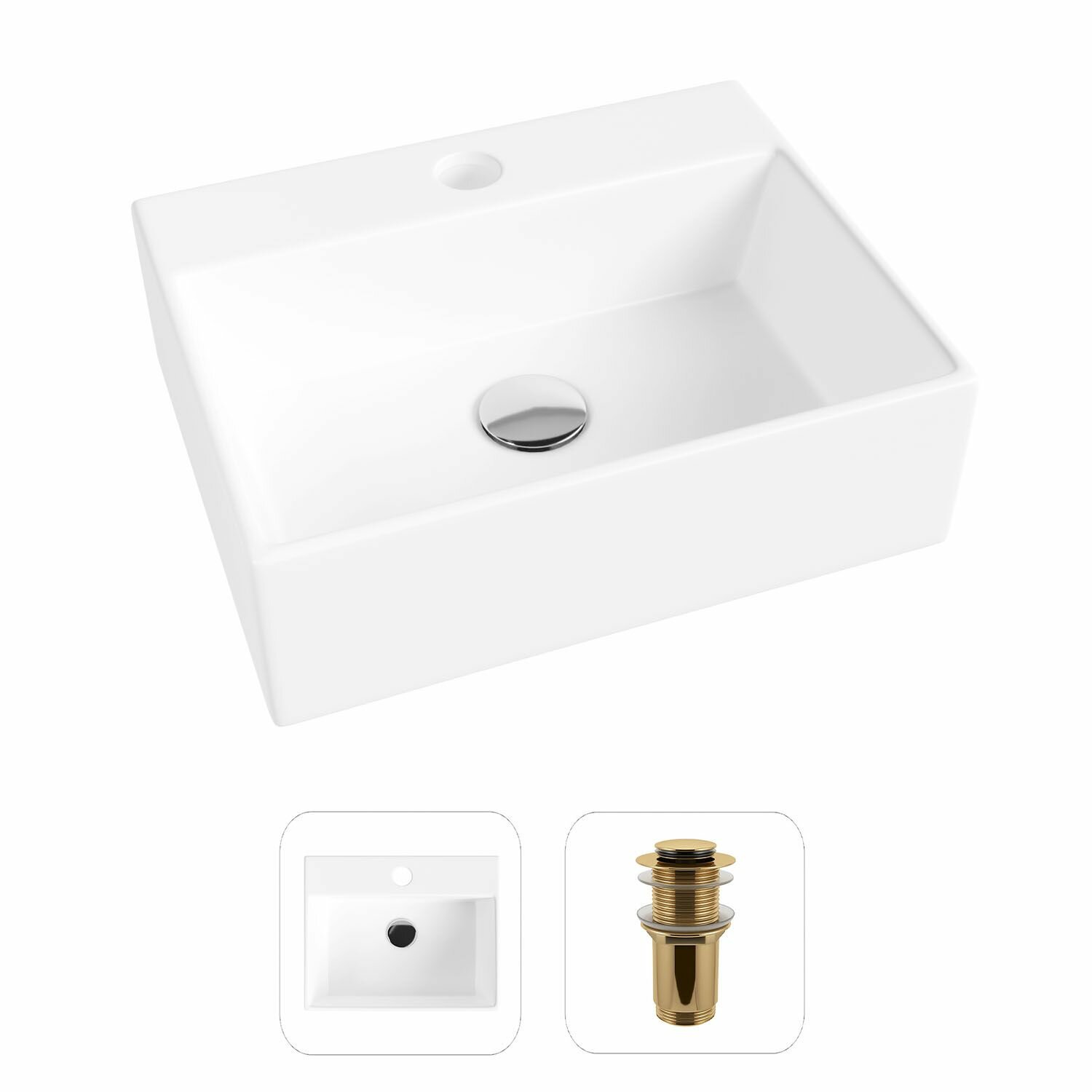 Накладная раковина в ванную Helmken 34439000 комплект 2 в 1: умывальник прямоугольный 39 см, донный клапан click-clack в цвете золото