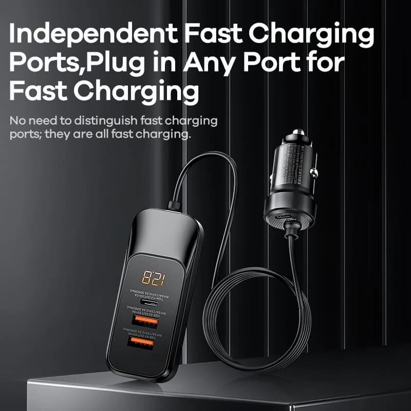 Автомобильное зарядное устройство 120W 1.5м 2PD 30W+2QC3.0 / 2 Type-C USB-C+2USB 30W с дисплеем черное — фото 1