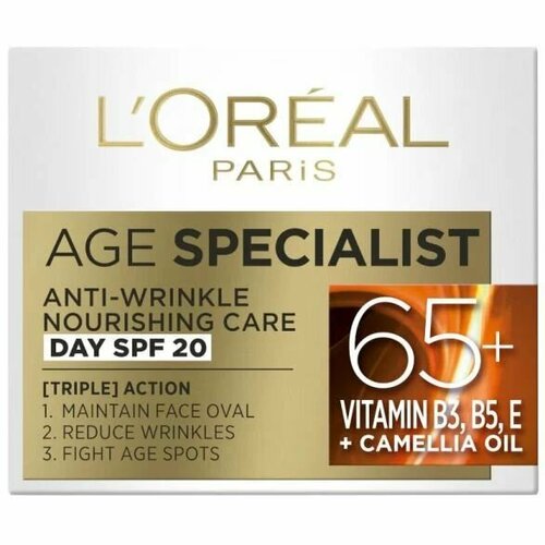 Антивозрастной укрепляющий дневной крем для лица L'Oral Paris Age Specialist 65 + с маслом камелии и витаминами B3, B5, E SPF 20 50 мл (Из Финляндии)