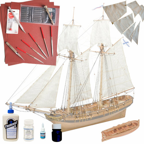 Шхуна Полоцк Улучшенная, модель парусного корабля, М1:72, набор для сборки + инструменты, краска, лак и клей